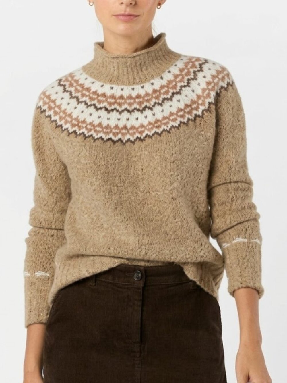 Ann Mashburn Marge Fair Isle Cashmere Sweater - Camel/Neutral - Size Large New